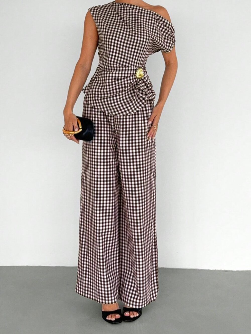 Brown Elegant Chic Plaid Women's One-Shoulder Peplum Top & Wide-Leg Pants Set - Picture 5 of 7